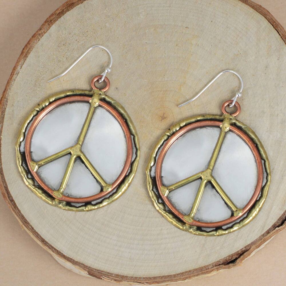 Gold Silver Bronze Mixed Metal Peace Sign Dangle Earrings